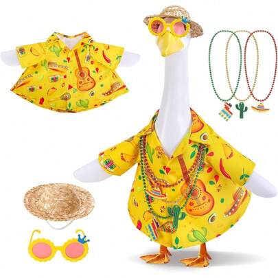 6pcs Hawaiian Style Yard Goose Outfit, Mexican Style Summer Lawn Goose Costume, Garden Goose Apparel Yellow Shirt With Straw Hat Sunglasses Necklace Fit For 23 Inch Tall Outdoor Yard Decor