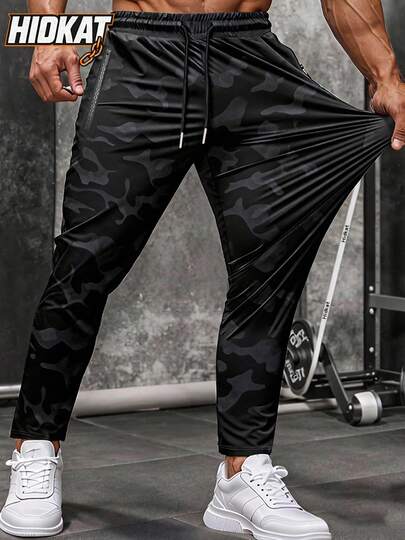 Hidkat Quần dài nam thời trang co giãn họa tiết rằn ri, nhẹ, thoáng khí với túi khóa kéo, thích hợp cho tập thể dục, chạy bộ và các hoạt động ngoài trời vào mùa xuân và mùa thu.