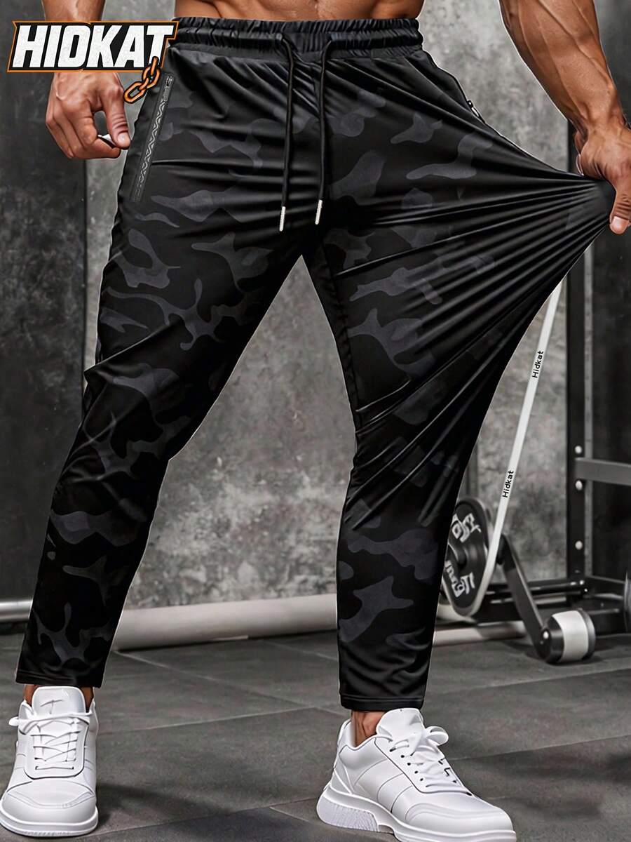 Hidkat Men's Fashionable Elastic Camouflage Pants, Lightweight Breathable With Zipper Pockets, Suitable For Fitness, Jogging, Outdoor Activities In Spring And Autumn Sports