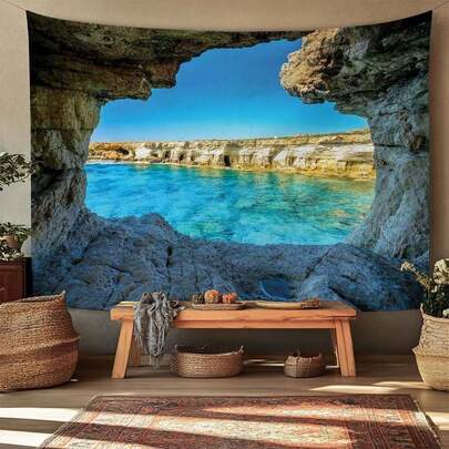 1pc Stunning Cave Framed Sunset Beach Tapestry Ocean Mountain Landscape Wall Hanging Tropical Seaside Scenery Tapestry For Living Room Bedroom Aesthetic Nature Coastal Home Decor Large Fabric Wall Art For Dorm Apartment Office Modern Minimalist Wall Blanket With Vivid Color HD Print Soft Durable Material For Home Decoration Gift For Friends Family