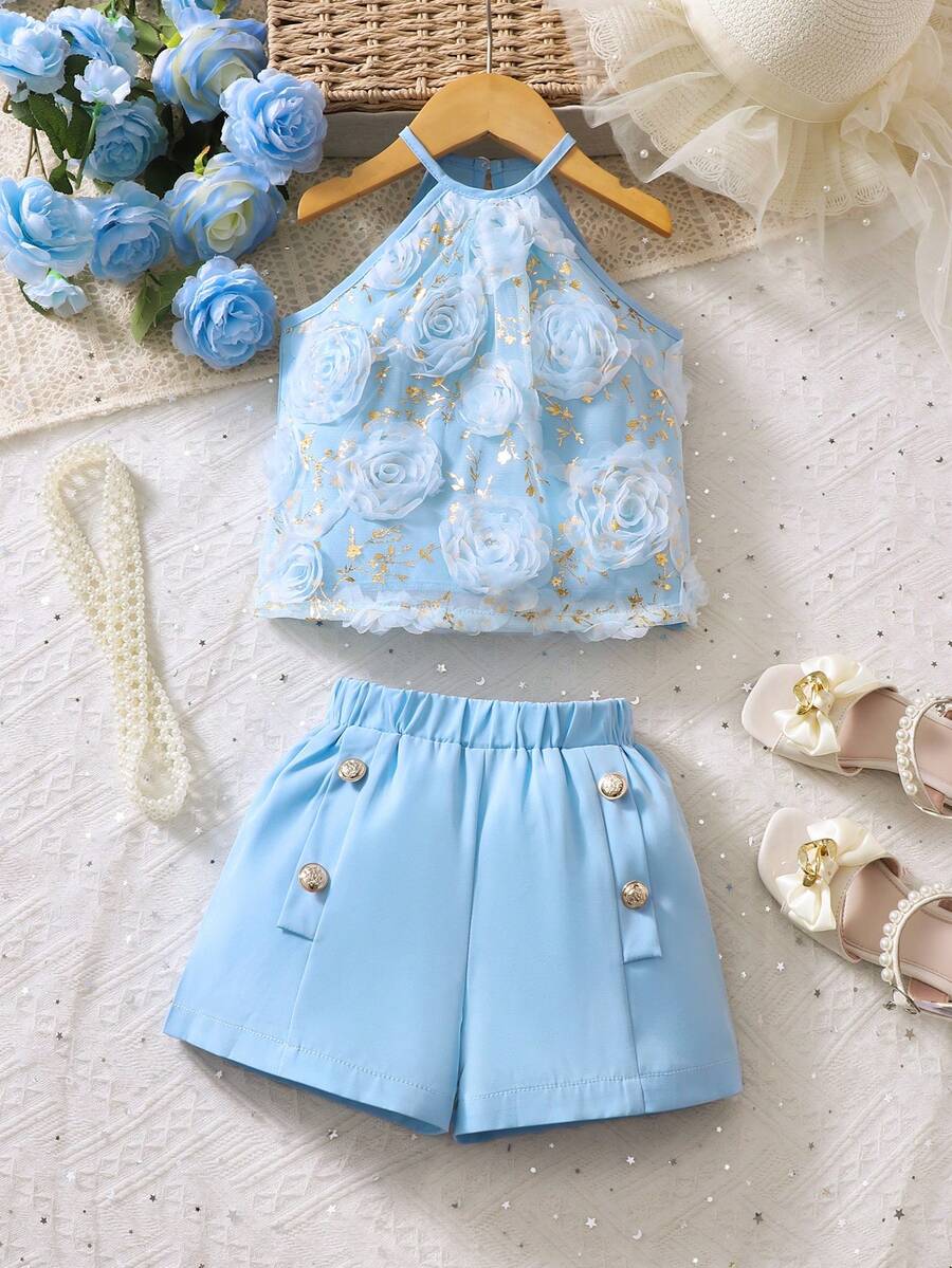 Bộ 2 món thời trang thanh lịch dành cho bé gái, gồm áo hai dây và quần short giả túi, họa tiết hoa hồng 3D, thích hợp mặc mùa hè. - Màu xanh nhạt - Xem 1