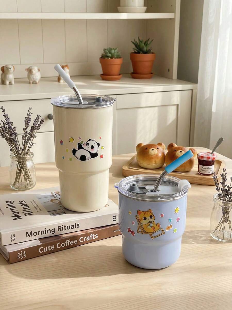 Cute Kitchen 1个304不锈钢双层保温咖啡杯,带盖,可爱猫咪/熊猫图案,容量14.2盎司/20.3盎司(420毫升/600毫升),米色/蓝色,材质防烫,包含304不锈钢吸管和硅胶吸管帽,非常适合车载、办公、旅行、野餐,也是节日送礼和自用的理想之选。 - 彩色 - 查看 1