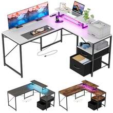 Escritorio MinimalistaEscritorio Gamer Escritorios En L con Regleta y Tira LED Escritorios con Cajones Escritorios con Soporte para Monitor Apto para Oficinas y Dormitorios - Blanco - Ver 2