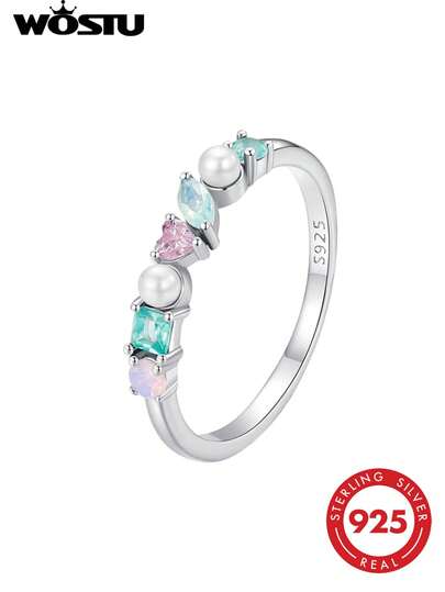 WOSTU 1 pieza Anillo de plata de ley 925 de moda elegante, incrustado con gemas multicolor, joyería exquisita para mujeres