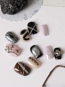 10片装按压式美甲，棕色猫眼黑色蛇纹美甲，手工按压式假指甲，人造指甲套装，包含1张粘性贴片和1个迷你指甲锉。美甲用品，按压式短指甲，人造指甲套装，包含1张粘性贴片和1个迷你指甲锉。 - 彩色 - 查看 2