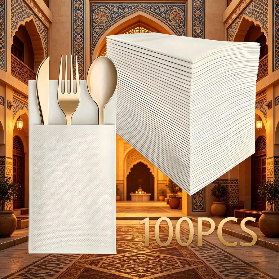 （50/100片装）亚麻质感一次性餐巾套装，婚礼餐具袋，圣诞节餐具袋，派对餐具袋，餐厅级一次性餐具袋，优雅桌面装饰，适用于帐篷、露台、婚礼、酒店、餐厅、酒吧、派对和特殊场合 | 精致桌面装饰，餐具收纳袋，餐巾收纳袋，斋月和开斋节礼物，礼品，家居装饰，厨房用品，厨房用具，礼品和纪念品