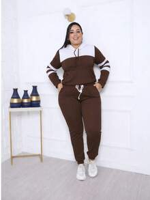 Women's Two-Tone Crepe Knit Set With Hood And Front Pocket – Comfortable And Stylish Look. - 鏽棕色 - 查看 3