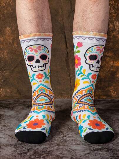 1/3 Đôi tất họa tiết đầu lâu (Calavera) nhiều màu sắc với hoa văn, hình học, màu sắc rực rỡ và phong cách nghệ thuật dân gian, tất cổ cao độc đáo dành cho nam giới, thời trang mùa hè.