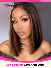 Tinashe Tóc giả Wear&Go 6x5 kiểu bob thẳng không cần keo, ren cắt sẵn, màu nâu mật ong highlight, tóc thật 180% Remy nguyên chất, đường chân tóc tự nhiên đã được tỉa sẵn, thích hợp làm tóc ngắn cho lễ hội Halloween. Phù hợp cho nữ. - SNatural/2/30 - Xem 2