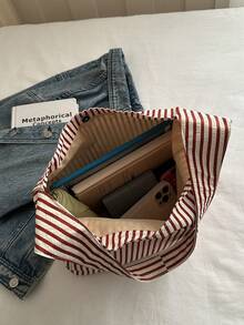 Large Capacity Women's Cloth Bag, Shoulder Bag, Casual Versatile Striped Tote - Red and White - View 4