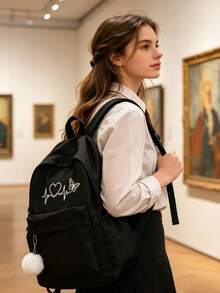 Ba lô nữ màu đen bằng nylon, in hình trái tim và bướm, kèm móc khóa bông trang trí, balo đựng laptop kiểu dáng thường ngày dành cho sinh viên đại học. - Nhiều màu - Xem 6