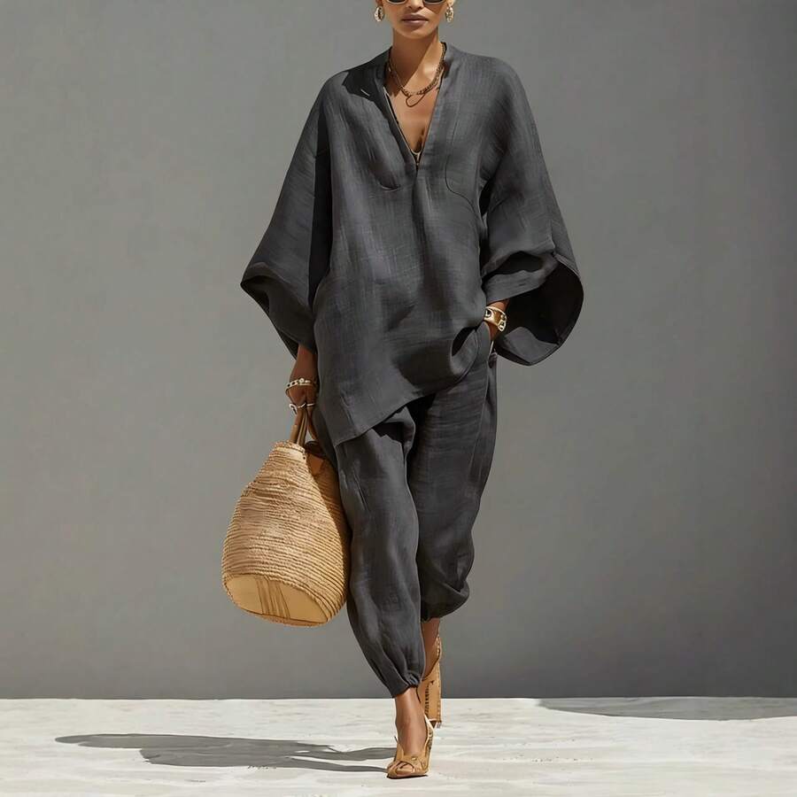2026 Spring/Summer Fashion Women's Casual Style Bat Sleeve V-Neck Loose-Fit Outfit - Màu xám đen - Xem 1