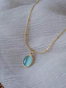 1pc Minimalist Stainless Steel Bohemian Turquoise Oval Pendant Necklace, Suitable For Daily Wear - 黃金 - 查看 4