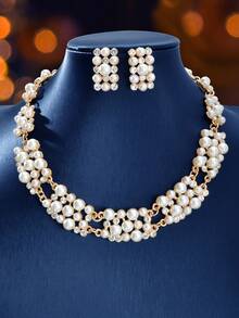 3件套奢华水晶仿珍珠项链耳环首饰套装，婚礼/宴会 - 白色 - 查看 2