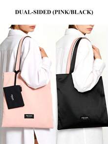 Prada 黑色和粉色帆布手提包，大容量单肩包，带卡槽，适合日常使用或作为节日礼物 - 黑粉 - 查看 3