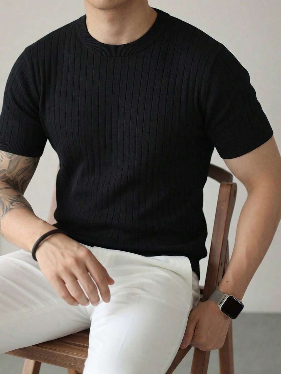 复古黑色罗纹短袖针织衫，男士圆领轻薄夏季休闲通勤上衣