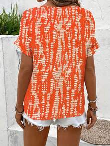 Women's Summer Casual V-Neck Short Sleeve Allover Print Shirt, American Vintage Texture Print Shirt, Vacation Style Flattering Versatile Design - Orange - View 2