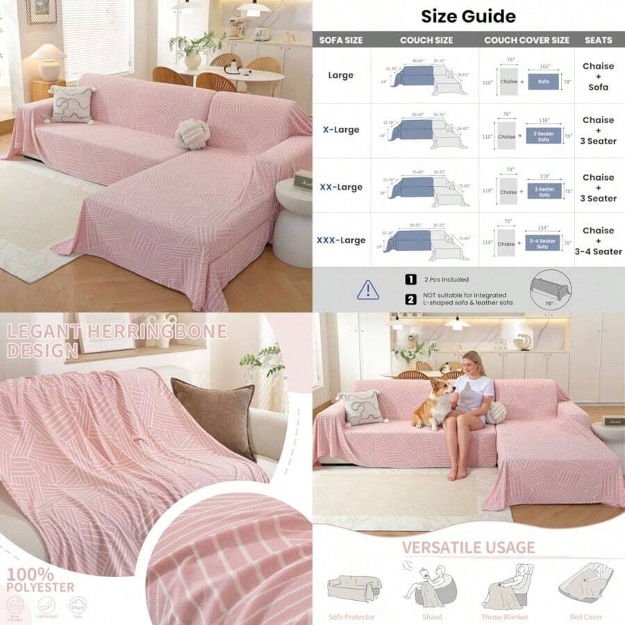 Fundas de sofá seccionales de 2 piezas funda de sofá en forma de L para sofá seccional fundas de sofá para mascotas protector de muebles de manta XXL: 78 x 110 pulgadas + 78 x 118 pulgadas - Rosa - Ver 1