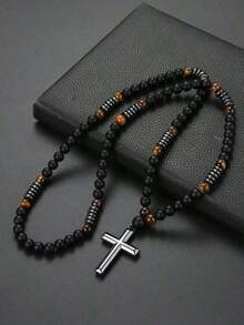 1pc Retro Natural Yellow Tiger Eyes Black Beaded Stone Men Necklace Suitable Daily Wear - Black - View 4