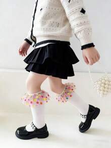 1/3 Pairs Colorful Rainbow Polka Dot Tulle Lace Trim Girls Socks, Black, White, Soft & Comfortable Knee-High Socks, Fashionable & Cute, Suitable For Dancing, Party, Daily Wear, Fits Ages 2-12, Holiday Gift - Multicolor - View 4