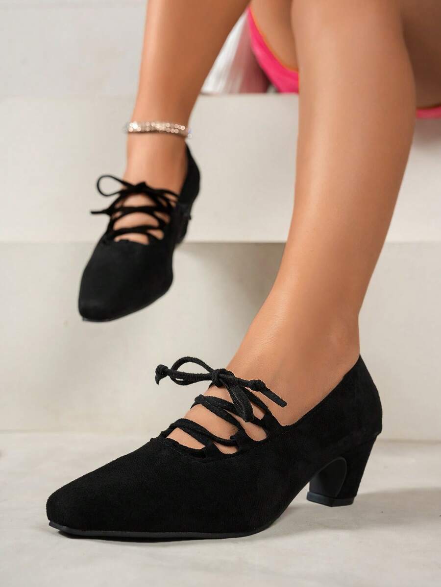 French Retro Lace-Up Square Toe Mary Jane Shoes, Suede Low Heel Ballet Flats, Versatile Design Commuter High Heels - Black - View 1