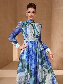 Elegantes Blumenprint Kleid mit hohem Kragen, Chiffon Puffärmel, geraffter Taillenentwurf, retro romantisches Blumen A-Linien Maxikleid, geeignet für den Urlaub - Verschiedenfarbig - Übersicht 7
