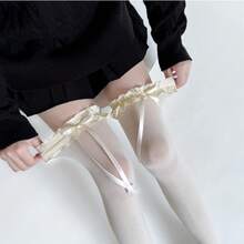 Cute Lace Ribbon Bow Thigh High Socks, Autumn Grey Velvet Elastic Over-The-Knee Stockings For Women - Multicolor - View 7