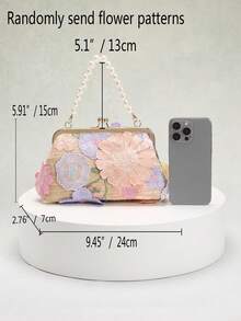Multicolor Floral Pattern Mesh Embroidered Shell Straw Clutch Bag, Pearl Handbag, Sweet Romantic Beach Holiday Style Women's Handbag, Suitable For Wedding, Party, And Vacation Occasions (Random Mesh Embroidery Floral Pattern Distribution, Please Do Not Purchase If You Mind) - Multicolor - View 3