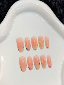 10 piezas de uñas postizas hechas a mano con diseño de flores secas en rosa nude para primavera y verano - Rosa Pálido - Ver 1
