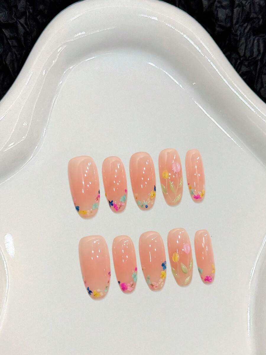 10 piezas de uñas postizas hechas a mano con diseño de flores secas en rosa nude para primavera y verano - Rosa Pálido - Ver 1