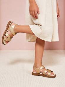 1 Pair Fashionable Gold Toddler Sandals, Children's Non-Slip Flat Sandals, Hook And Loop Closure, Retro H-Shaped Vamp, Suitable For Summer Outings, Beach, Wedding, Campus Activities, Daily Wear, Vacation - Rose Gold - View 2