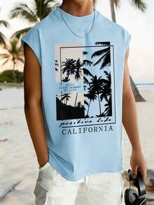 Boys' California Vacation Tank Top, Oversized Palm Tree Silhouette Graphic Sleeveless Shirt, Soft & Cool Top ForVacation & Street Style, For Teen - Baby Blue - View 7