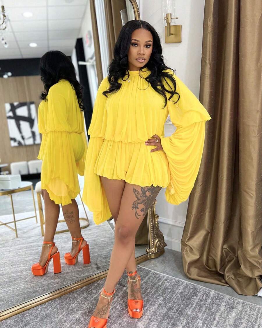ZL5553 Women's Casual Solid Color Ruffle Skirt Fashionable Summer Round Neck Lantern Sleeve Solid Color Two-Piece Set - Yellow - View 1