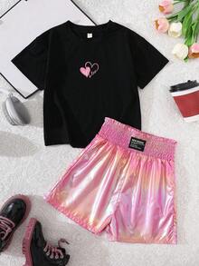 Tween Girls Heart Print T-Shirt + Gradient Shorts 2pcs Set, Sweet & Cool Style, Summer Outfit - Black - View 3