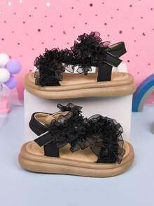 1 par de zapatos de verano con adorno de encaje para niñas pequeñas, sandalias planas de princesa para niños - Negro - Ver 3