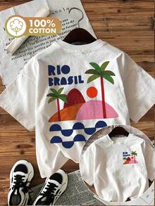 Women's Basic Casual T-Shirt With Front And Back Print "Rio Brazil Sunset Beach Design" | Everyday Wear, Summer Fashion, Rio Beach, Oversized Streetwear Style Shirt, Crew Neck, Short Sleeve, 100% Comfortable Cotton Material - 白色 - 查看 1