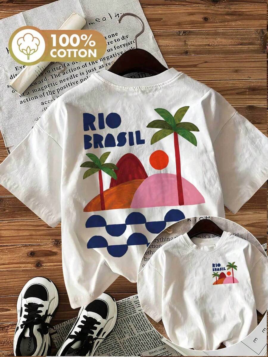 Women's Basic Casual T-Shirt With Front And Back Print "Rio Brazil Sunset Beach Design" | Everyday Wear, Summer Fashion, Rio Beach, Oversized Streetwear Style Shirt, Crew Neck, Short Sleeve, 100% Comfortable Cotton Material - 白色 - 查看 1