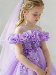 Young Girls Applique Mesh Elegant Swallowtail Princess Dress Suitable For Party, Headband Not Included - Mauve Purple - View 3