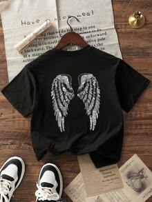 Girls' Navy Blue Round Neck T-Shirt, Angel Wings Rhinestone Print On Back Short Sleeve Casual Top - Black - View 3