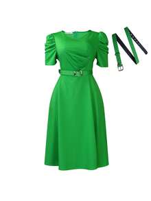 Kelly Green A-Line Dress V-Neck Short Puff Sleeves Rhinestone Buckle Belt Defined Waist Knee Length Polyester Chic Semi-Formal Wedding Guest Cocktail Party Work (Local Warehouse Discounts.) | Emerald Green Dress | Satin Dresses | Dresses | Dresses For Women | Mid Length Midi Dress | Jersey Dresses For Women  (Shipped From Local Warehouse | Quick Dispatch) - màu xanh lá - Xem 3