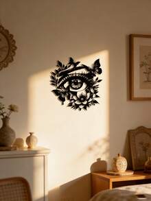 1pc Eye With Butterflies & Flowers Metal Wall Art, Black Floral Wall Decor, Metal Crafts, Modern Living Room Bedroom Home Decoration, Outdoor Indoor Wall Hanging Ornament, Housewarming Gift - Black - View 5
