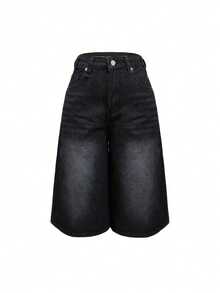 少女潮流黑色破洞宽松阔腿牛仔七分裤，街头风 - 黑色 - 查看 4