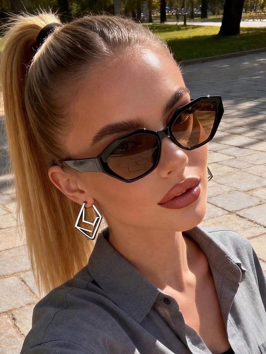 一副男女通用猫眼复古PC框休闲眼镜，时尚街头风 - 彩色 - 查看 1