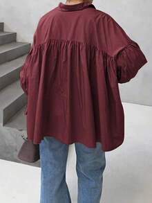 Women's Casual Shirt With Button Decorative Bell Sleeves, Solid Color Polyester Blouse Spring - 紅色 - 查看 3