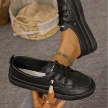 Spring And Autumn Soft Leather Low-Top Casual Sneakers, Slip-On No-Lace Lazy Shoes, Thick-Soled Height-Boosting Non-Slip Women's Shoes, Versatile Black And White Two-Color Options, Stylish Women's Footwear That's Easy To Slip On And Off For Commuting And Shopping. - Black - View 6