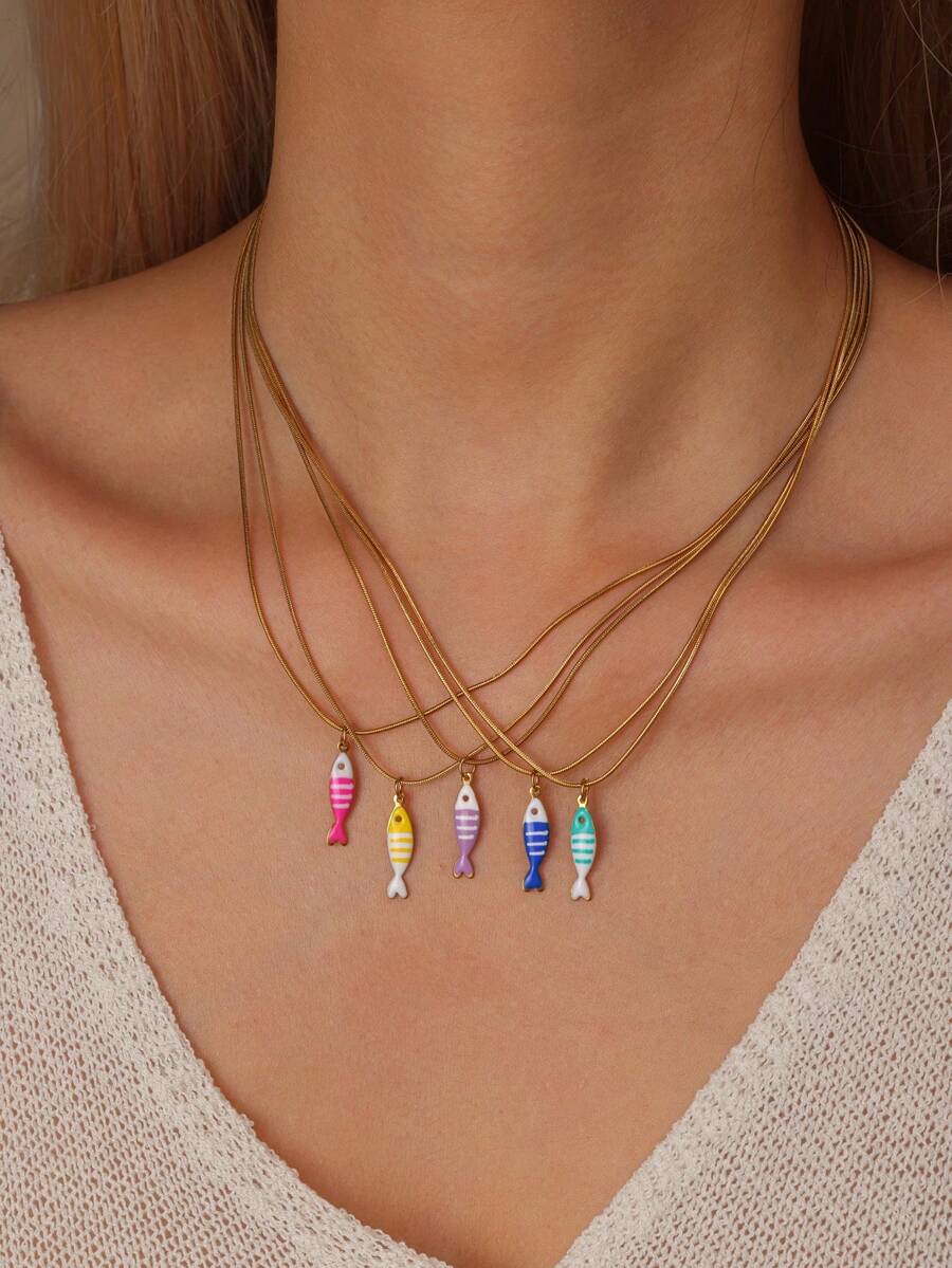 GEREIT 1 chiếc dây chuyền mặt hình cá nhiều màu sắc bằng thép không gỉ mạ vàng 18K, phong cách Bohemian, phù hợp cho nữ giới đeo hàng ngày và trong các dịp lễ. - Nhiều màu - Xem 1