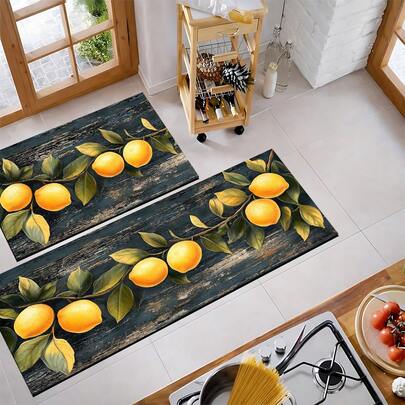 1pc Vintage Lemon Pattern Printed Doormat, Silica Gel Kitchen Carpet, Kitchen Mat, Rug, Easy To Clean, Rectangular Printed, Suitable For Living Room, Bedroom, Hallway, Bathroom, Laundry Room - Polyester Carpet, Suitable For Indoor And Outdoor Home Decor