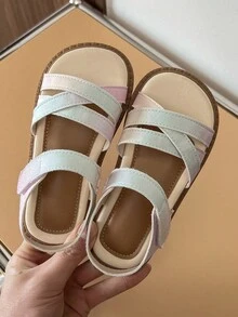 1 Pair 2026 Girls Pastel Pink Blue Gradient Cross Triple Wide Straps Hook And Loop Open Toe Flat Sandals Daily School - Multicolor - View 2