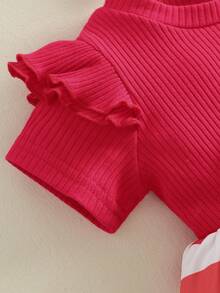 Baby Girls Independence Day Romper Dress Flying Sleeve Star Stripe Print Bodysuit With Socks  Headband - 紅色 - 查看 4