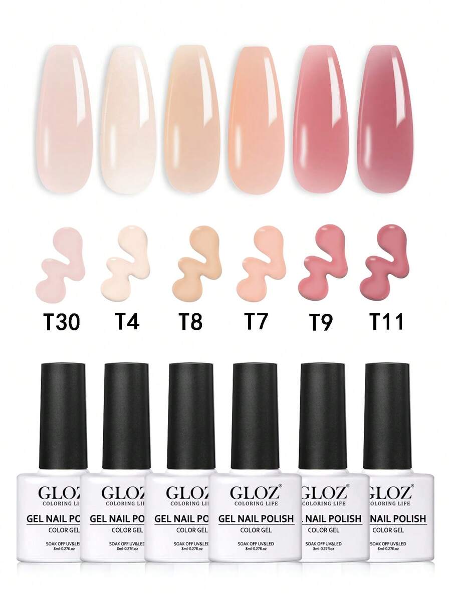 GLOZ 6pcs T30T4T8T7T9T11 Gel Nail Polish Set Spring Summer Fall Winter 6 Colors Glossy Long Lasting Shiny Anti Fade Dustproof Quick Dry Comfortable Great Valentine's Day Gift For Girlfriend Mother Surprise Suitable For LED Lamp - Multicolor - View 1